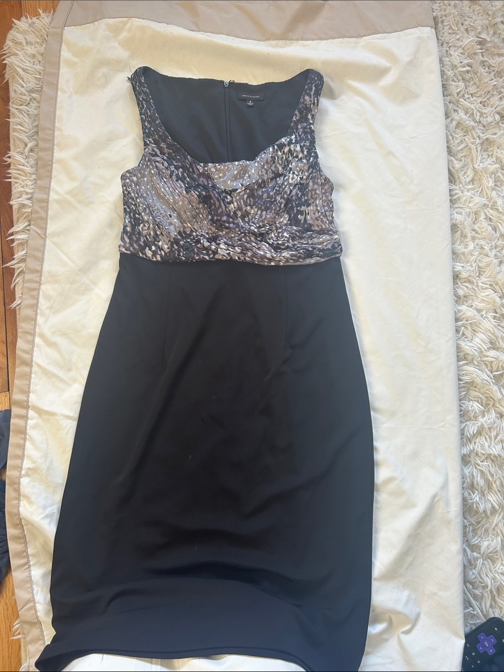 Saks Fifth Avenue Black Midi Dress with Multicolor Patterned Bodice